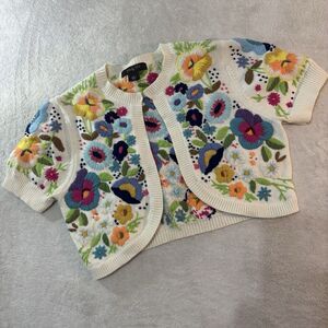 Wendy Hil Cropped Embroidered Floral Sweater Cardigan Large Multicolored